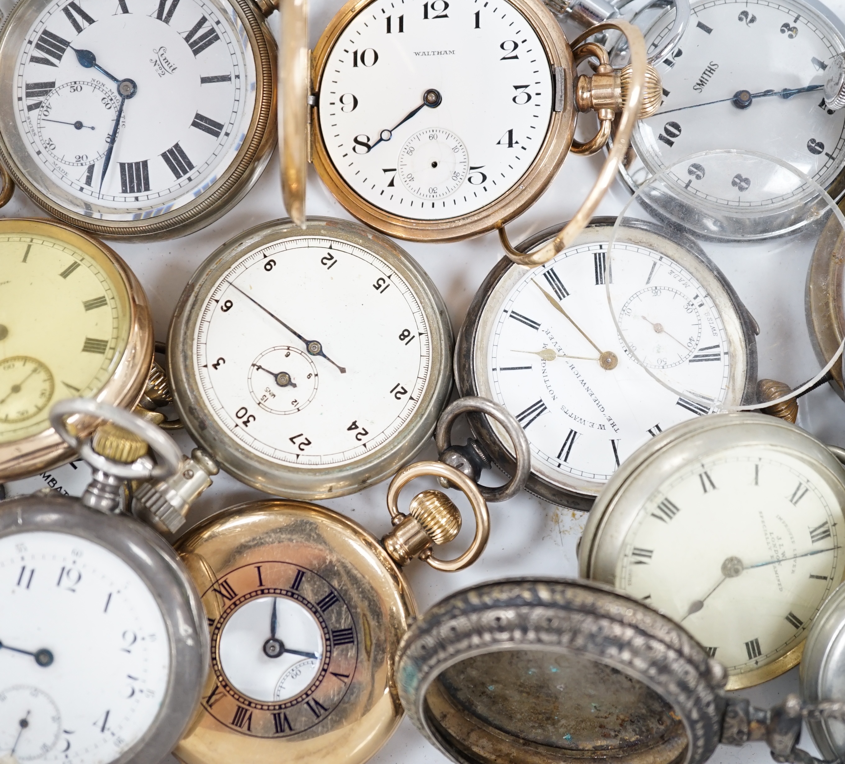 Thirteen assorted base metal or gold plated pocket watches, including two Waltham and a Stayte half hunter, together with a pocket watch case, stopwatch and a 935 white metal open face pocket watch, by Watts of Nottingha
